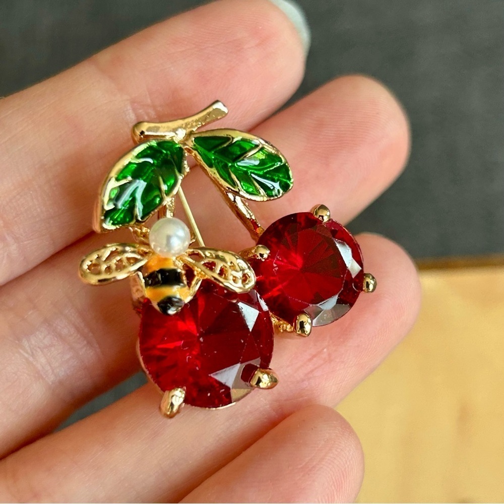 Cheerful, Colorful Rhinestone Cherry + Bee Fashion Brooch Pin, Red, Green, Gold